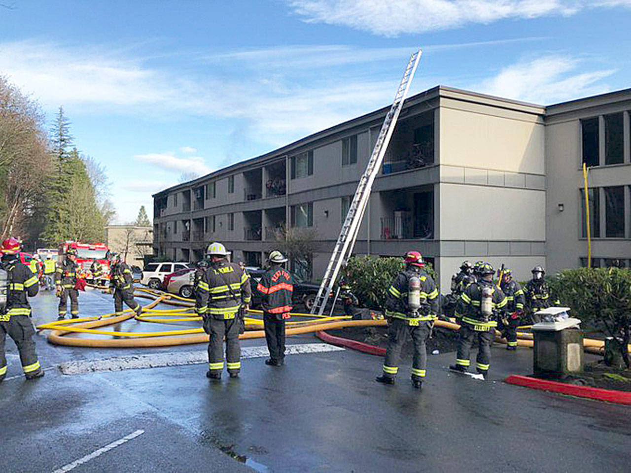 Firefighters respond to a Kent apartment fire Friday morning near the 4800 block of Kent Des Moines Road. COURTESY PHOTO, Puget Sound Fire