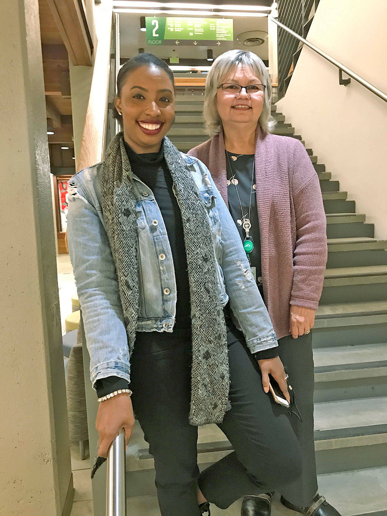 Basha Alexander, progress and completion advisor in the Career & Advising Center at Green River College, left, and Diana Holz, director of early childhood education at the school, are helping student-parents navigate their education with helpful resources. MARK KLAAS, Kent Reporter