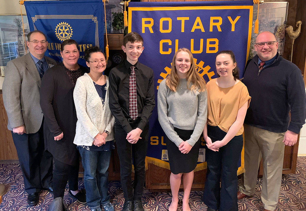 From left to right: David Mitchell, Kent Sunrise Rotarian, Jen Schafter, ASB secretary/cashier, teacher Tina Tobiason, Ryan Renggli, Sophia Pozzi, Gracie Cushman and Principal Jim Schiechl were part of the Mattson Middle School celebration. COURTESY PHOTO, Kent Sunrise Rotary Club