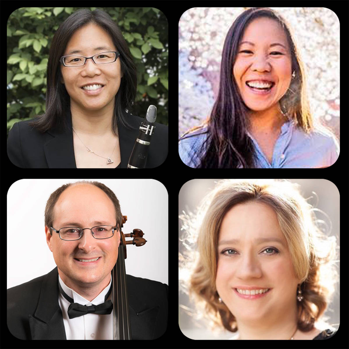 From top left, meet the Auburn Symphony Orchestra’s Denise Lum, clarinet; and Emilie Choi, violin; from bottom left, Brian Wharton, cello, and Tanys Stambuk, piano. COURTESY PHOTO, ASO