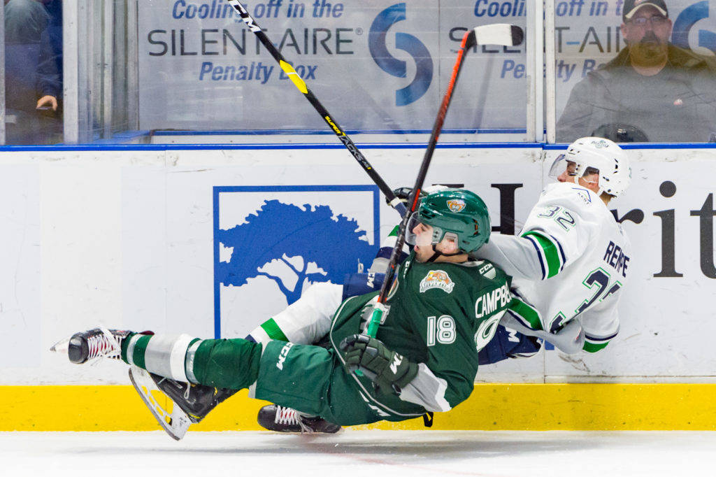 The Thunderbirds’ Matthew Rempe and the Silvertips’ Hunter Campbell collide during WHL play Saturday night at the accesso ShoWare Center. COURTESY PHOTO, Brian Liesse, T-Birds