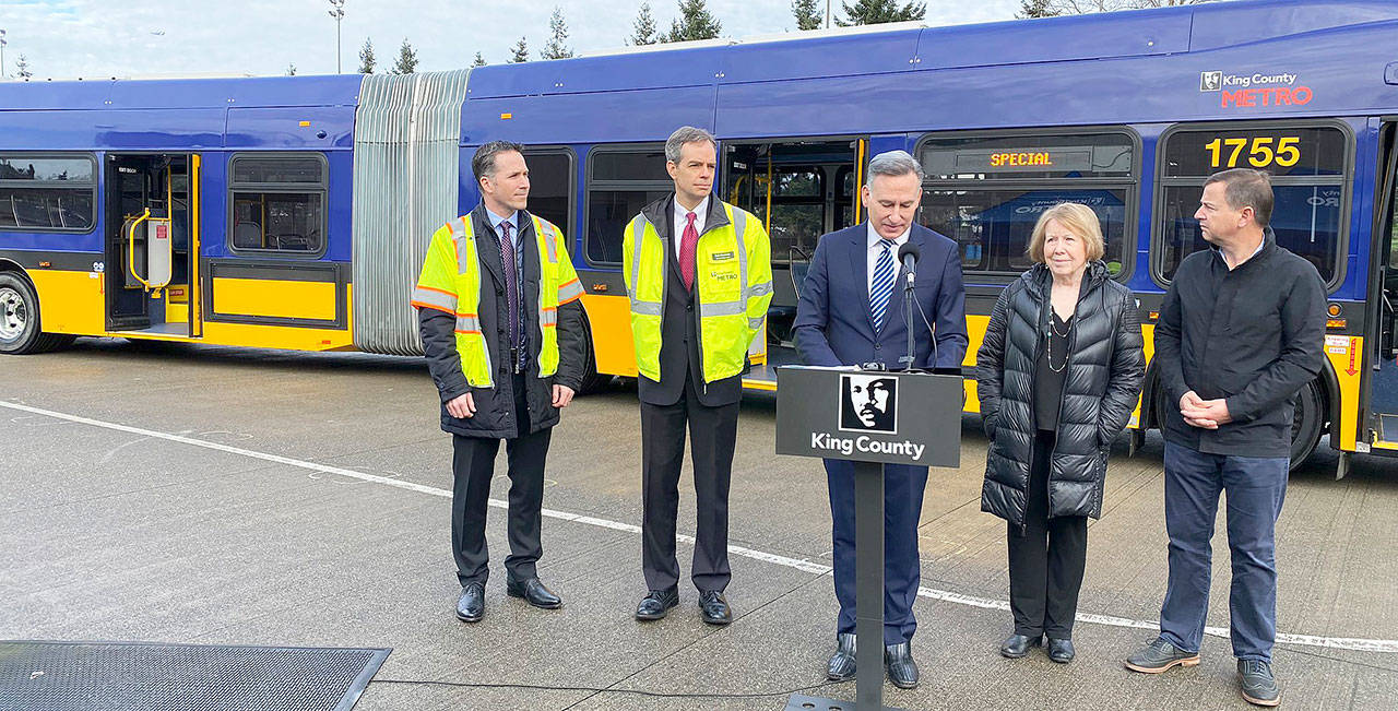 King County Executive Dow Constantine announces a deal to buy 40 battery-electric buses Jan. 30 at the King County Metro South Training Facility, 11911 E Marginal Way S., in Seattle. COURTESY PHOTO, Metro
