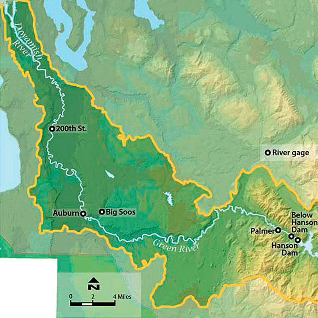 This King County map of the Green River shows where gages are to monitor levels starting at the Howard Hanson Dam. COURTESY GRAPHIC, King County
