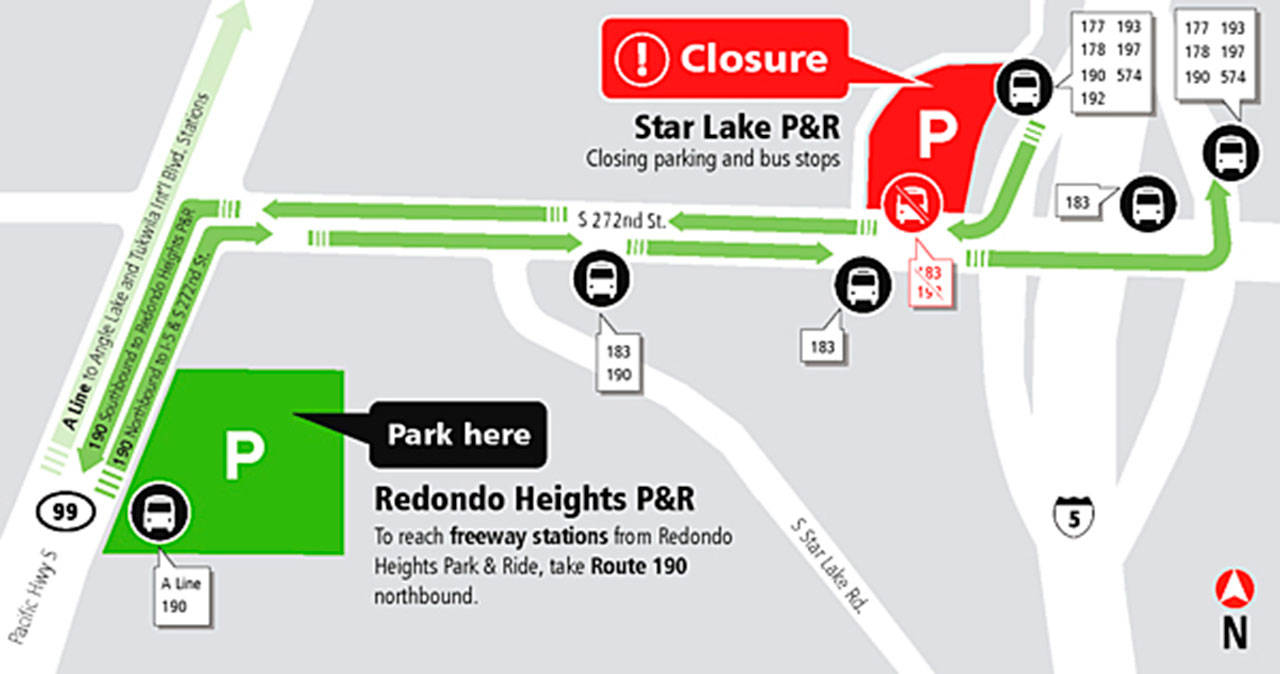 A map shows where commuters will need to park when the Star Lake Park and Ride closes March 21 for a new Link light rail station. COURTESY GRAPHIC, Sound Transit