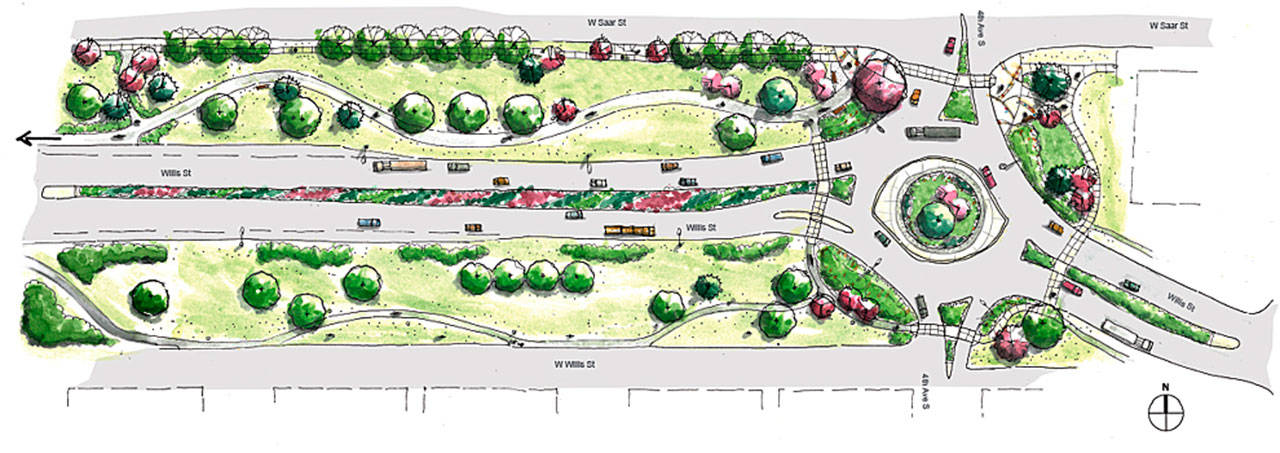 A rendering of the roundabout the city of Kent will build this summer at the intersection of Fourth Avenue South and Willis Street. COURTESY GRAPHIC, City of Kent