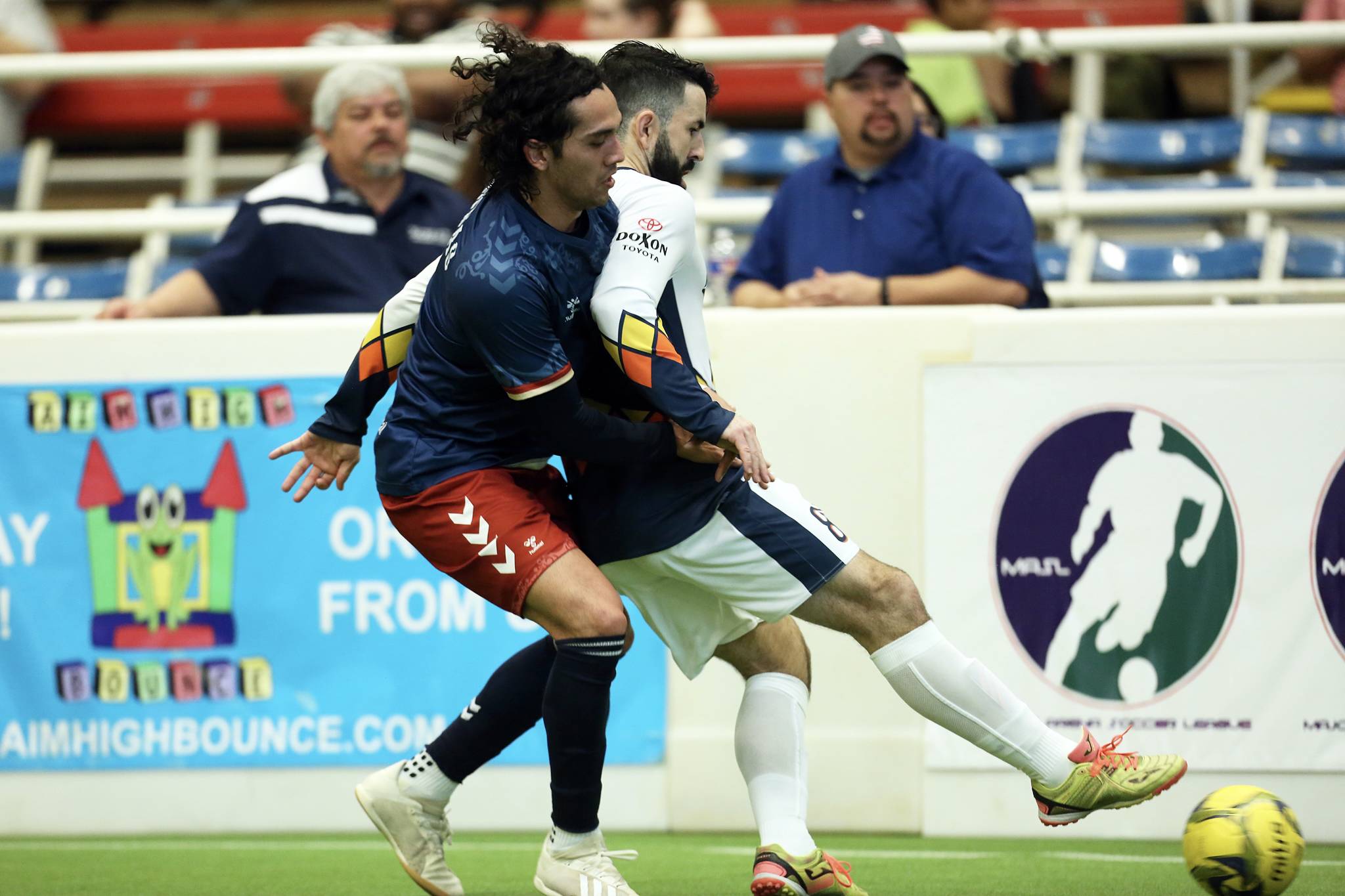 Alex Caceres fends off a Mesquite Outlaws defender during Tacoma’s 5-2 loss on Sunday. COURTESY PHOTO, MASL Media/Mesquite Outlaws