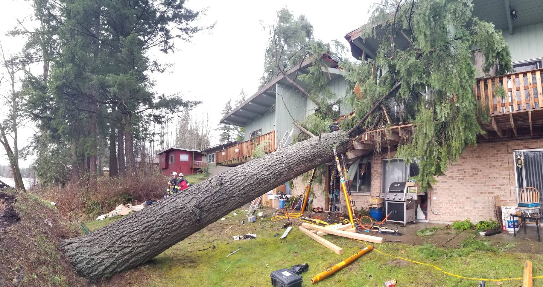 Firefighters and rescue units worked to clear a man who had been pinned under a storm-blown tree that damaged an apartment complex in Renton, unincorporated King County early Sunday. COURTESY PHOTO, Puget Sound Fire