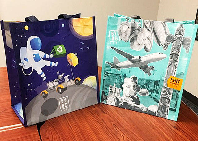 The city of Kent’s plastic bag ban begins March 1. The city is giving away reusable bags like these. COURTESY PHOTO, City of Kent