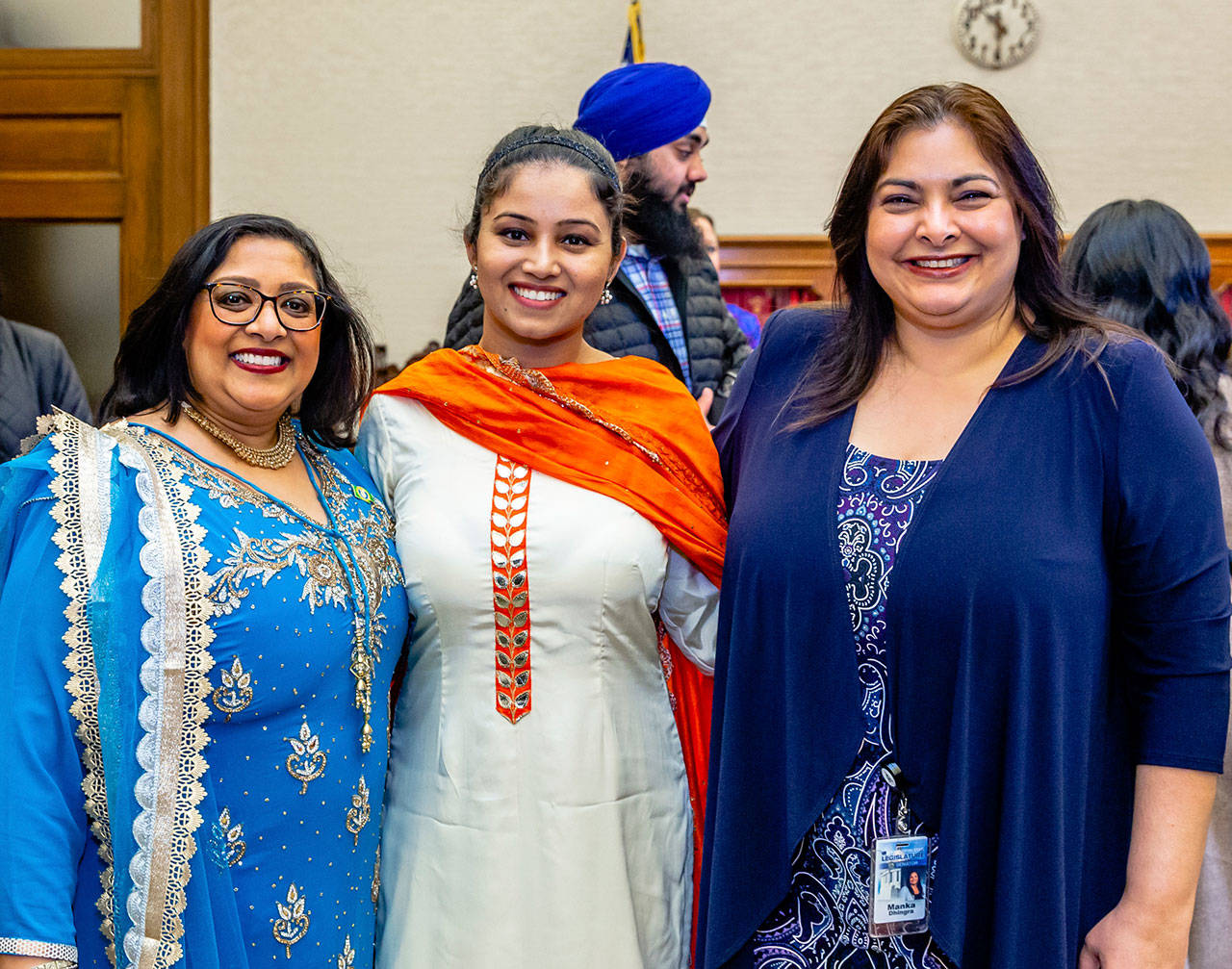 State Sens. Mona Das, D-Kent, left, and Manka Dhingra, D-Redmond, right, with Kent City Councilmember Satwinder Kaur at the Sikh American community reception on Feb. 28. COURTESY PHOTO