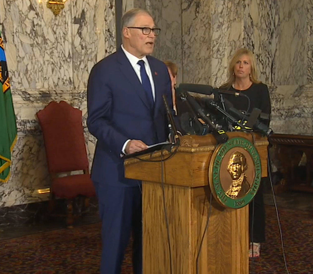 Gov. Jay Inslee speaks about closing all schools for six weeks in King, Pierce and Snohomish counties during a press conference on Thursday afternoon. Photo courtesy of tvw.org
