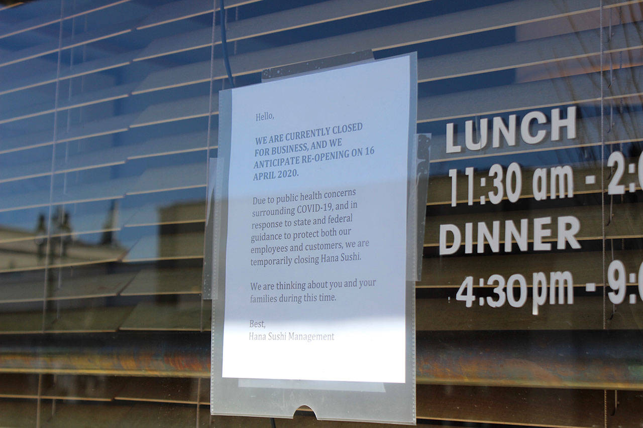 Like similar businesses across King, Snohomish and Pierce counties, Bothell restaurant Hana Sushi is closed until April 2020 due to public-health concerns. Blake Peterson/staff photo
