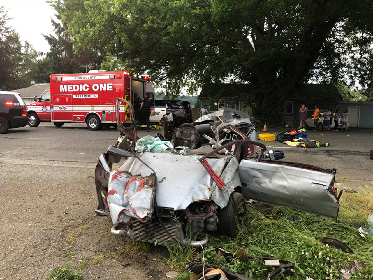 A 30-year-old Kent man was injured in a high-speed, single-car crash May 28 in the 5200 block of South 212th Street. COURTESY PHOTO, Puget Sound Fire