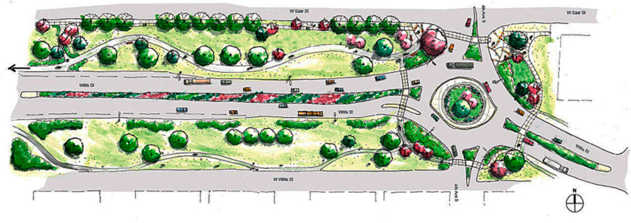 A rendering shows the new roundabout at Fourth Avenue South and Willis Street. COURTESY GRAPHIC, City of Kent