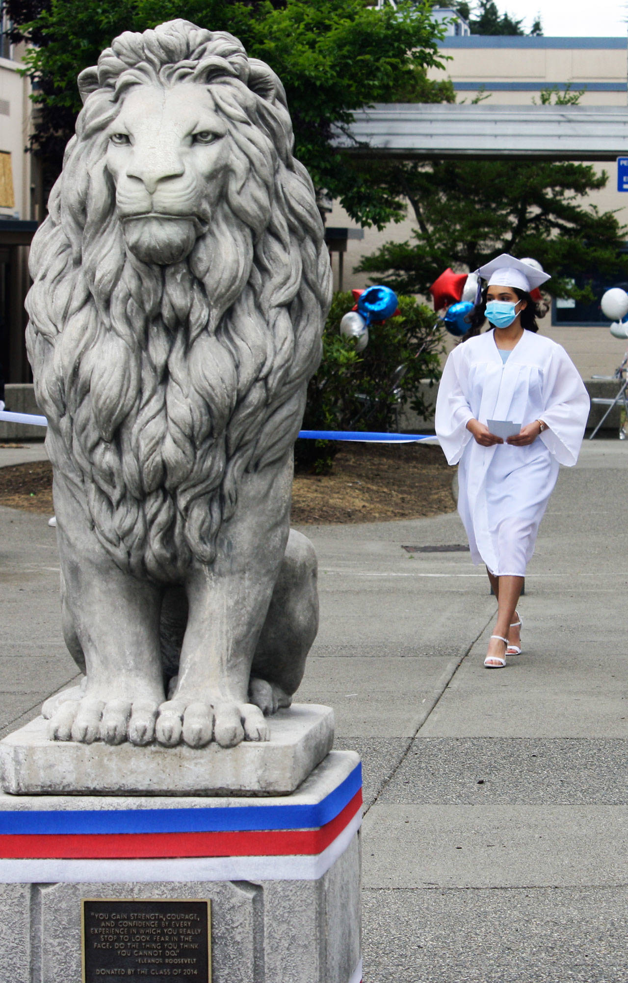 A Kent-Meridian High graduate walks toward the lion statue on campus. STEVE HUNTER, Kent Reporter