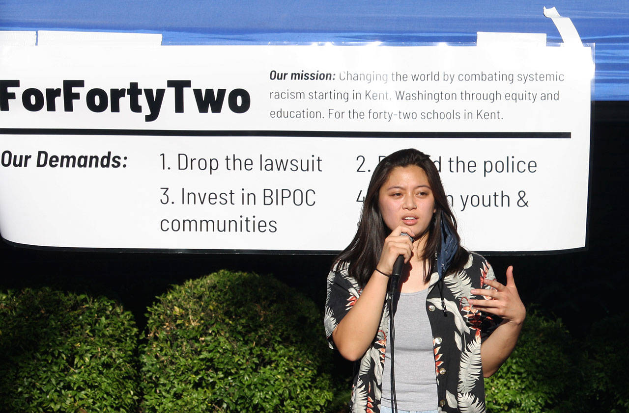 Nica Sy speaks at the ForFortyTwo (number of Kent schools) rally Aug. 17 outside of Kent City Hall and the Kent Police Station. STEVE HUNTER, Kent Reporter