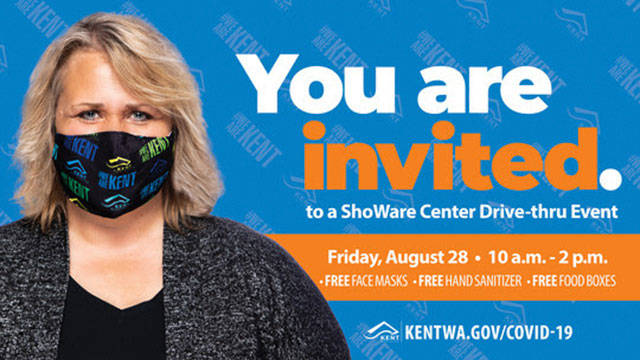 Kent Mayor Dana Ralph will join other volunteers to help distribute free masks, food boxes and hand sanitizer keychains from 10 a.m. to 2 p.m. on Friday, Aug. 28 at the ShoWare Center.