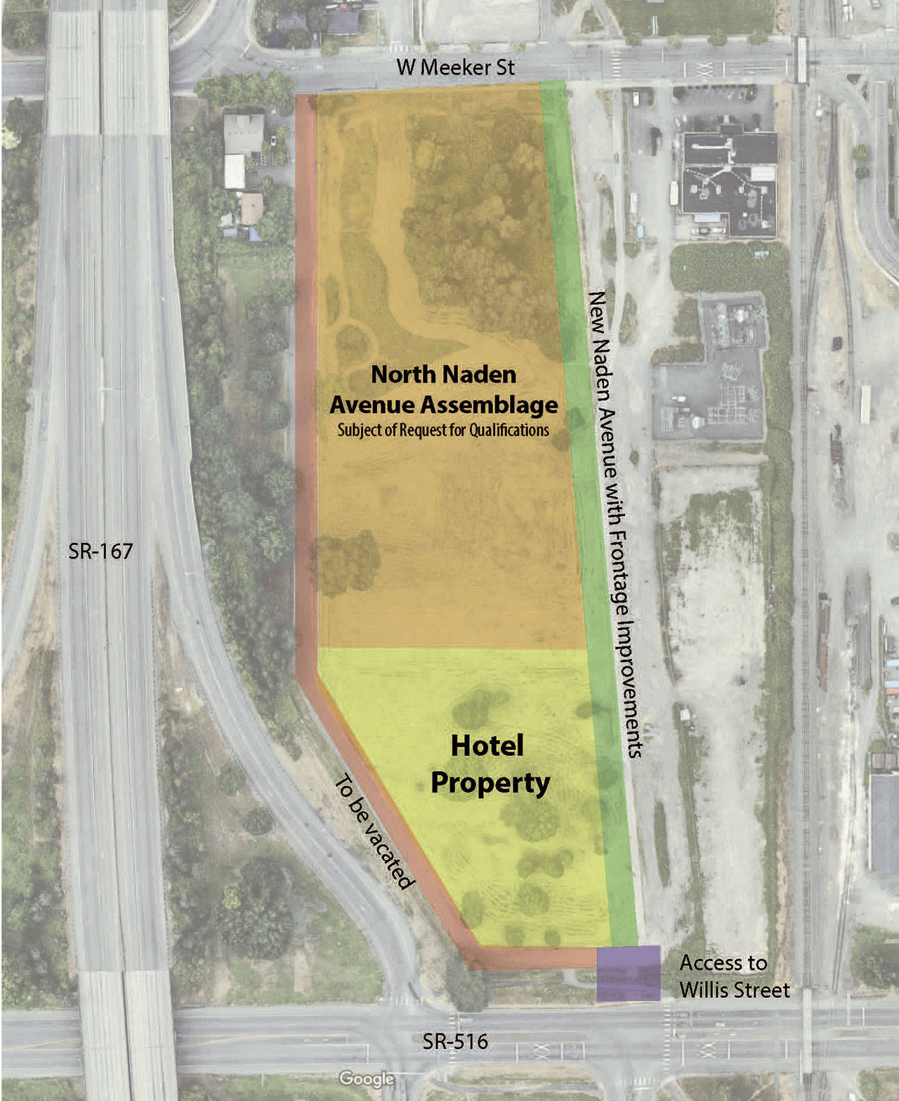 City of Kent leaders hope to find a developer to help bring light manufacturing to the northern portion of the city-owned Naden property. A hotel is proposed for the southern end. COURTESY GRAPHIC, City of Kent