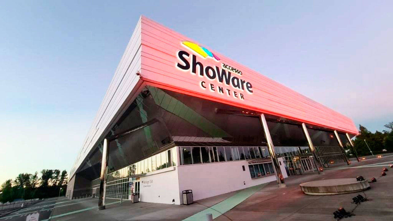 The accesso ShoWare Center in Kent was lit in red on Tuesday night, Sept. 1 to raise awareness about the need for financial support for entertainment venues and workers across the nation. COURTESY PHOTO, ShoWare Center