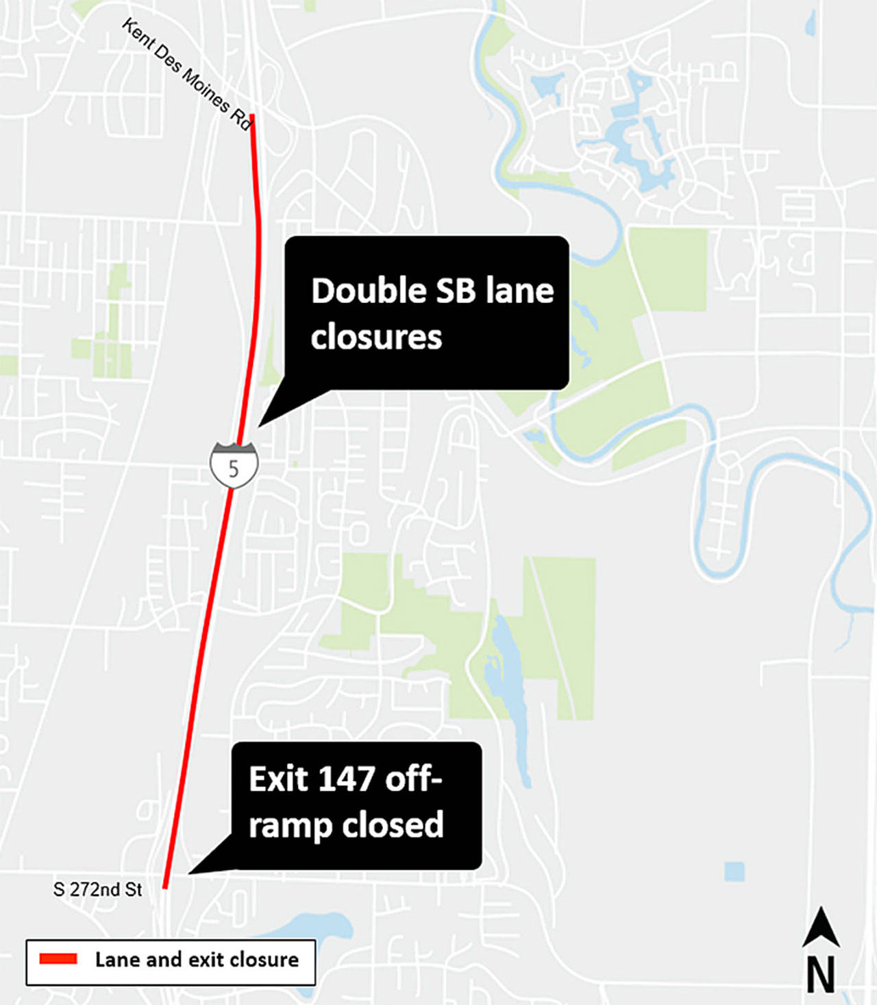 Two lanes of southbound I-5 from Kent Des Moines Road to South 272nd Street as well as the Exit 147 off-ramp will be closed for construction from 9 p.m. to 6 a.m. on Sept. 3, 8 and 9. COURTESY GRAPHIC, Sound Transit