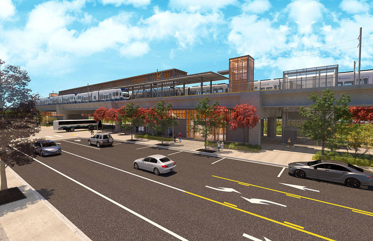 A rendering of the Kent Des Moines light rail station scheduled to open in 2024. The station will be elevated near a new South 236th Street between 30th Avenue South and Pacific Highway South. COURTESY GRAPHIC, Sound Transit