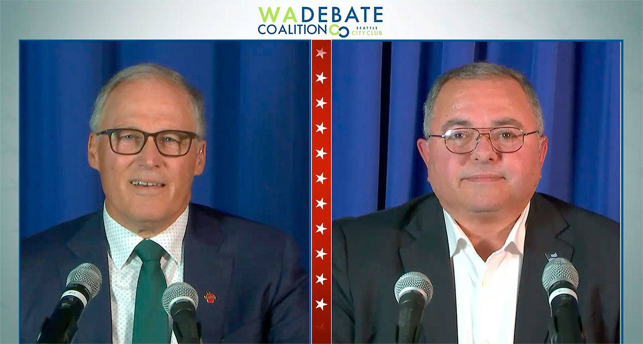 Washington’s Democratic Gov. Jay Inslee (left) and Republican challenger Loren Culp during Wednesday’s debate. (TVW)