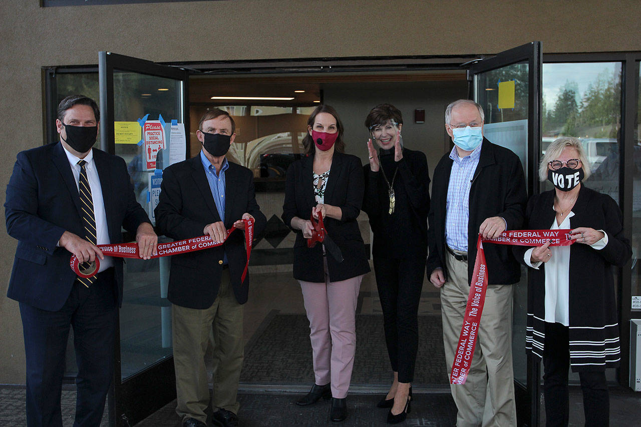 From left: Mayor Jim Ferrell, King County Councilmember Pete von Reichbauer, FUSION Executive Director Robin OGrady, FUSION Founder Peggy LaPorte, former Speaker Frank Chopp and Sen. Claire Wilson at the ribbon cutting ceremony on Oct. 8 Olivia Sullivan/the Mirror