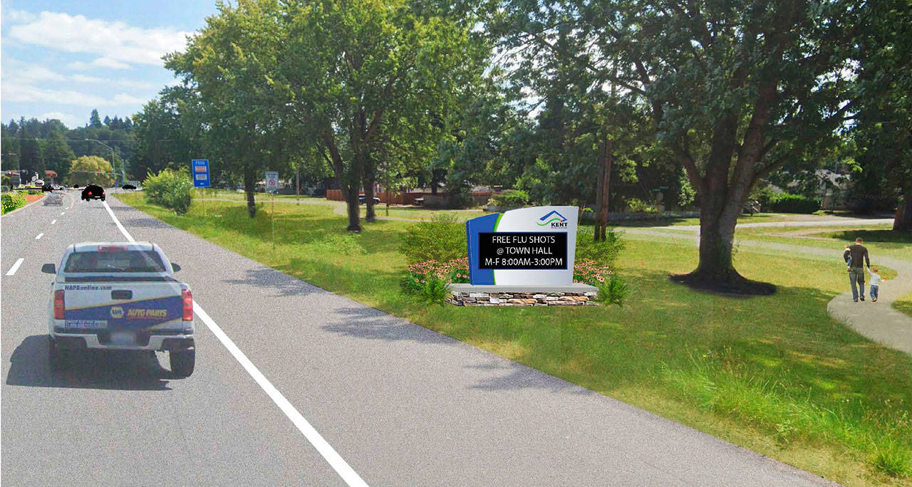 A photo simulation traveling eastbound on Willis Street near the new roundabout of the new message boards the city of Kent will install. COURTESY IMAGE, City of Kent