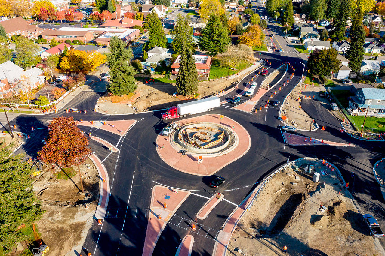 A image from a drone shows the new roundabout crews paved last weekend at Fourth Avenue South and Willis Street in Kent. COURTESY PHOTO, City of Kent