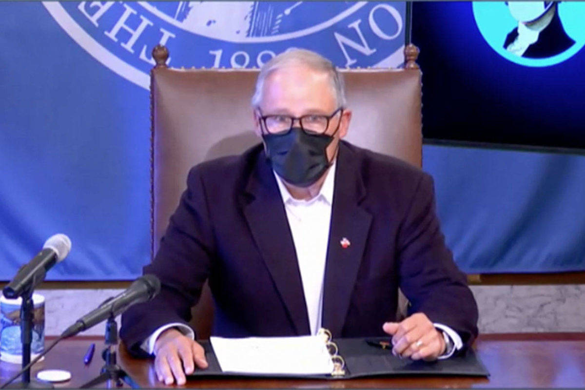 Gov. Jay Inslee during a Oct. 6 news conference. Inslee will deliver a televised address about the state’s response to COVID-19 at 5:30 p.m. Thursday, Nov. 12. (Screenshot)
