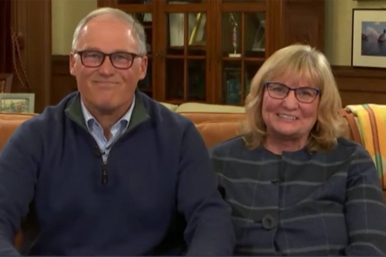 Screenshot from Gov. Jay Inslee’s news conference Nov. 12 with his wife, Trudi.