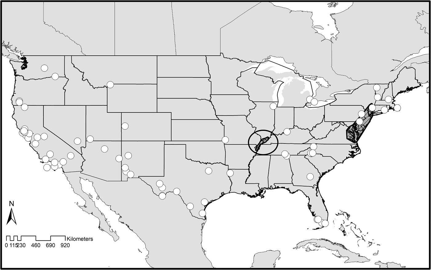 Contributed by the Society for Conservation Biology 
A map showing the locations where plants have gone extinct in the U.S. and Canada since European settlers arrived.