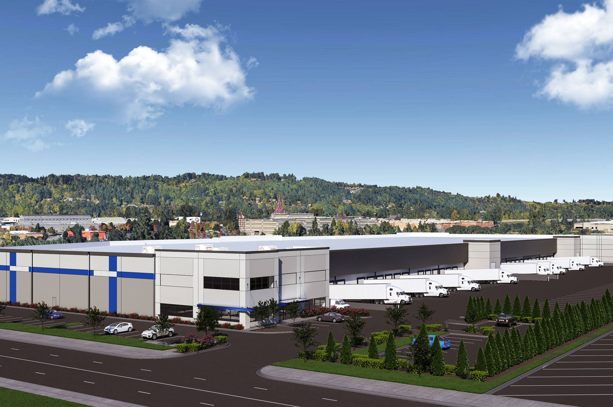 A rendering of the planned warehouse development to be called Bridge Point Kent 300 at the former site of the REI headquarters, 6750 S. 228th Street. COURTESY GRAPHIC, Bridge Development Partners
