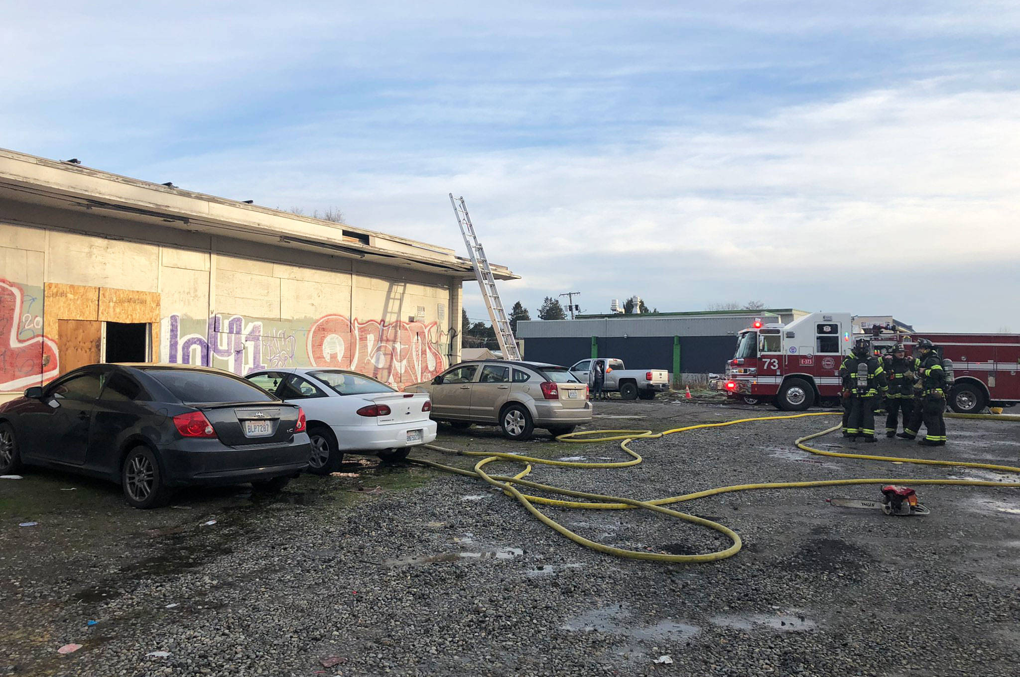 Puget Sound Fire put out a fire Tuesday morning, Dec. 29, inside a vacant building along West Meeker Street started by transients. COURTESY PHOTO, Puget Sound Fire