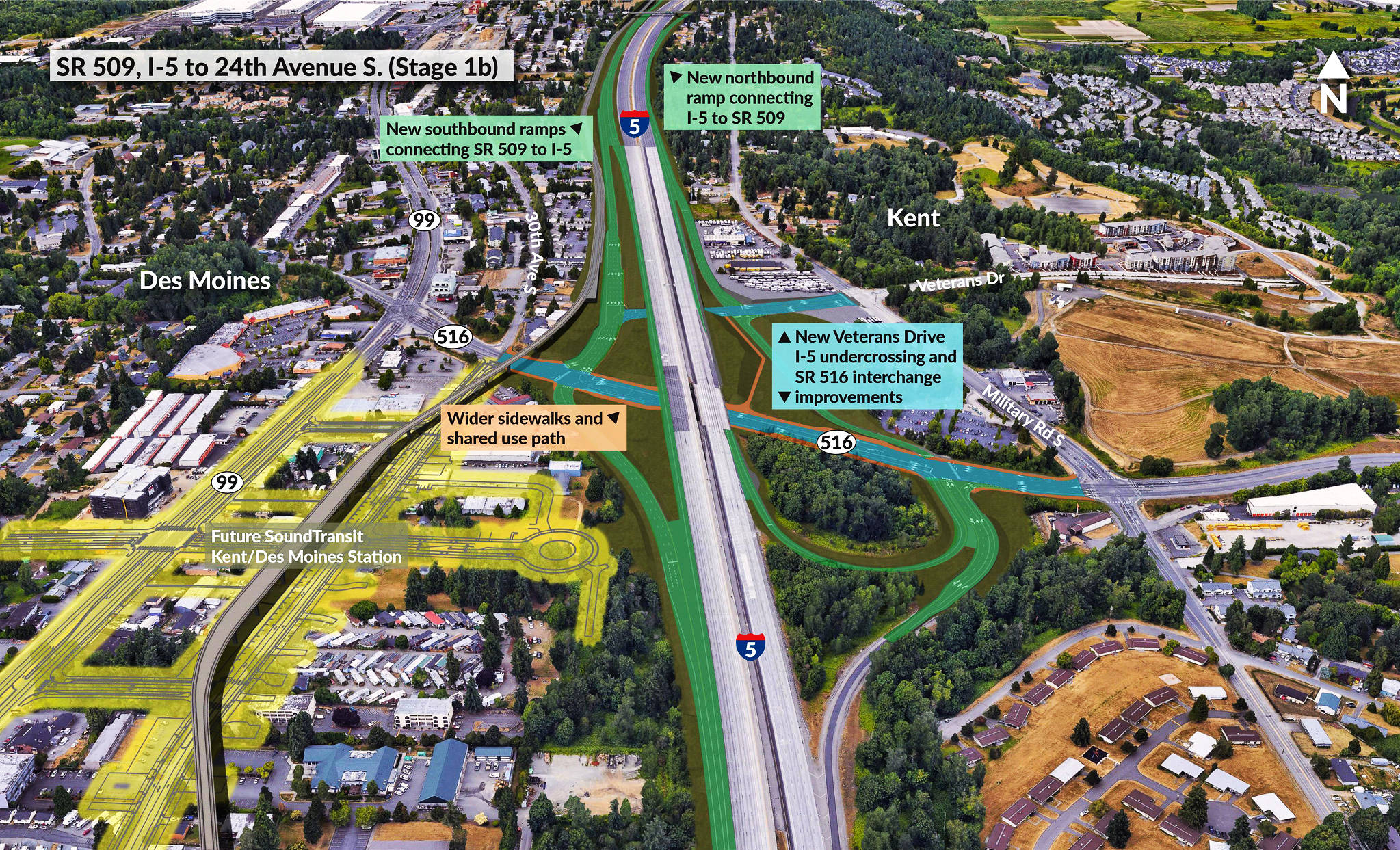A reconfigured SR 516 interchange, new ramps that provide connections between SR 509 and I-5, and non-motorized improvements will make it easier for people who drive, walk, bike and use transit to travel through the area after the project is completed in several years. COURTESY GRAPHIC, WSDOT