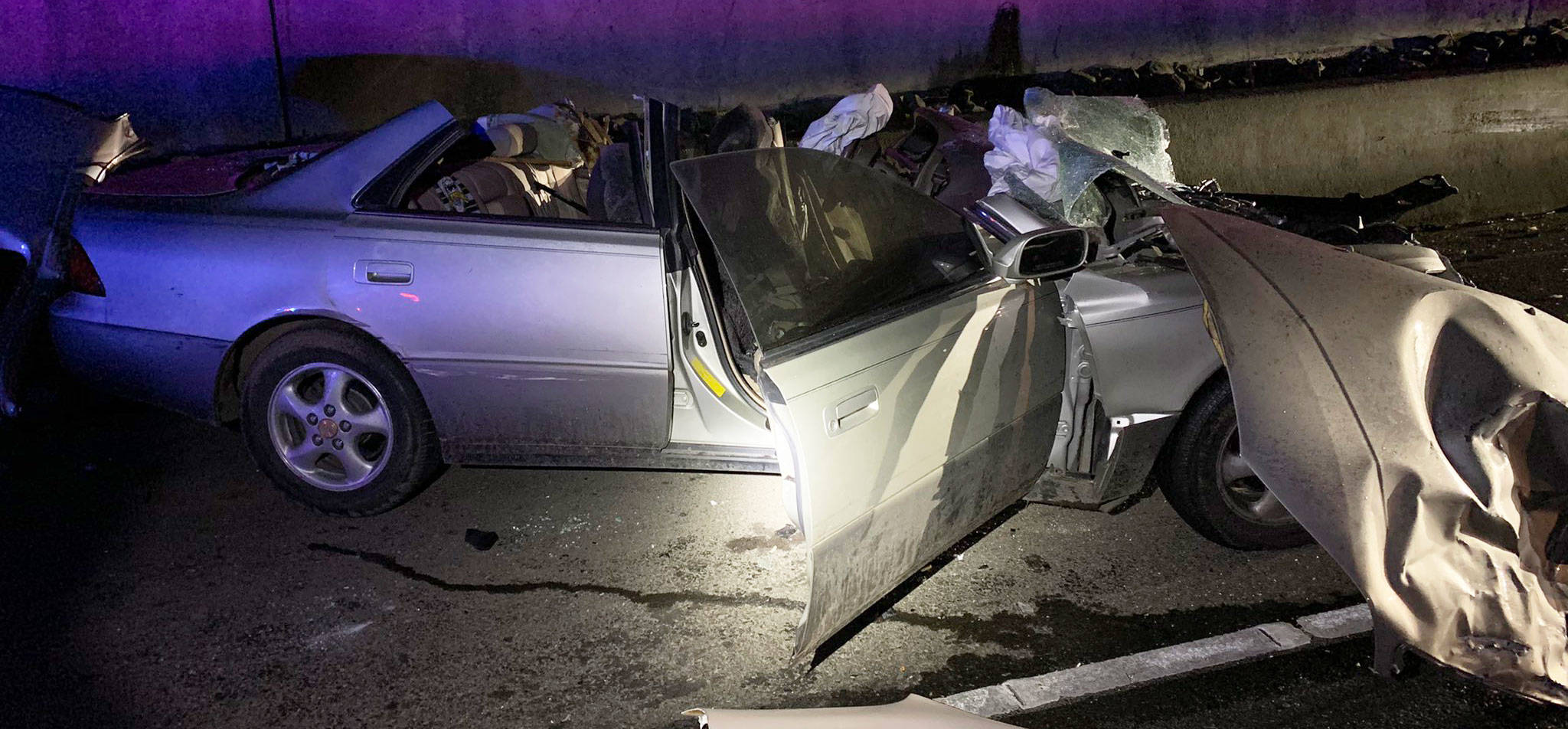 A Kent man, 25, was critically injured in this Toyota Camry in a head-on collision March 11 along Highway 18 near Kent. COURTESY PHOTO, State Patrol