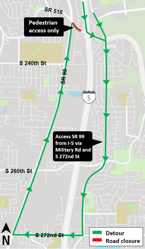 The closure and detour route for Kent Des Moines Road from 10 p.m. to 5 a.m. March 21-23. COURTESY GRAPHIC, Sound Transit