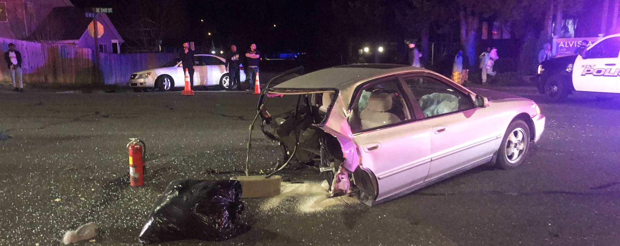 A collision April 1 in Kent at Southeast 240th Street and 112th Avenue SE caused a car to split apart. COURTESY PHOTO, Puget Sound Fire