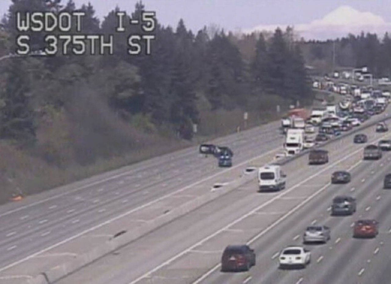 The incident blocked several lanes of southbound I-5 on April 12. Washington State Patrol photo