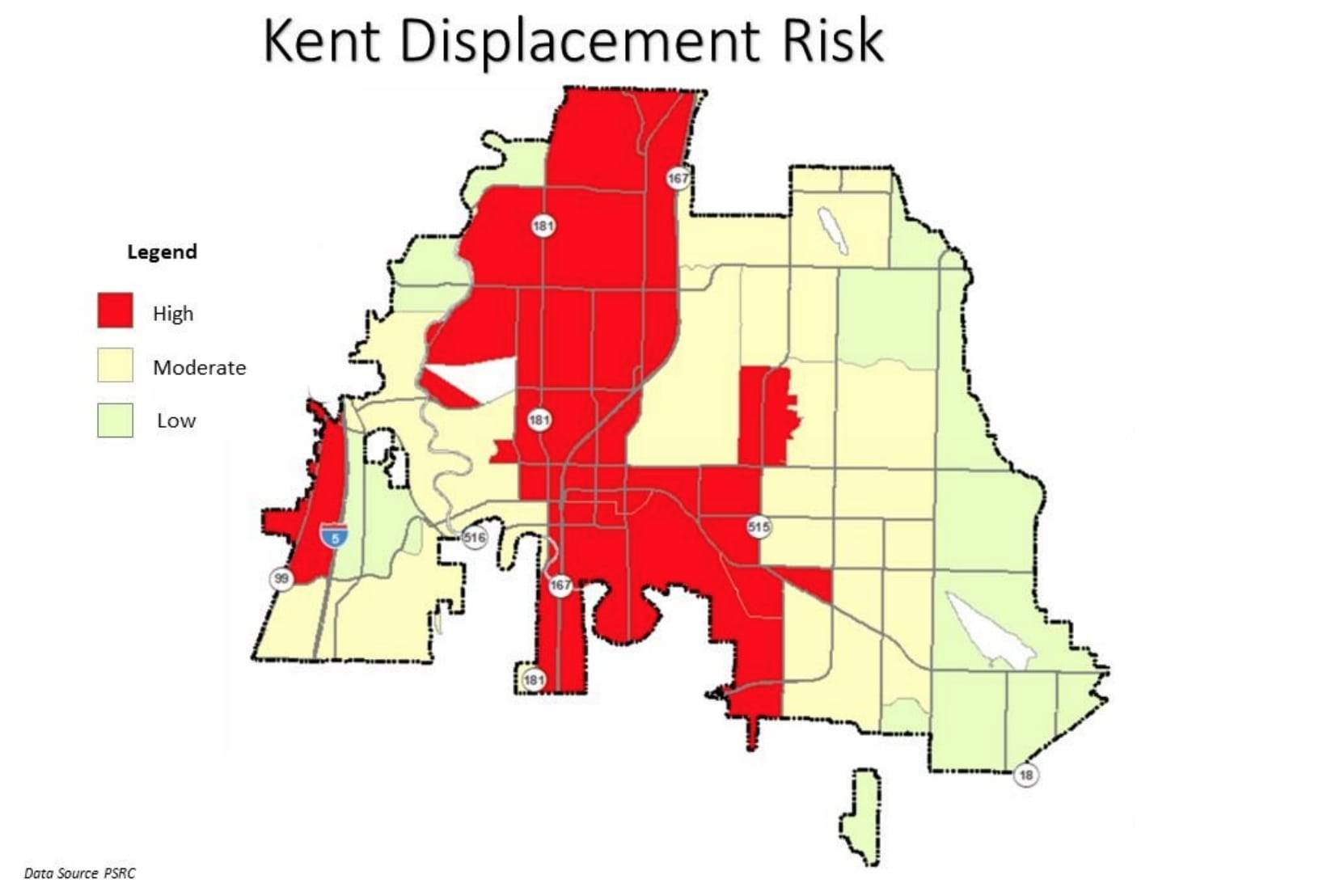 A map indicating estimated high housing displacement risk neighborhoods in Kent. (Courtesy of the City of Kent)