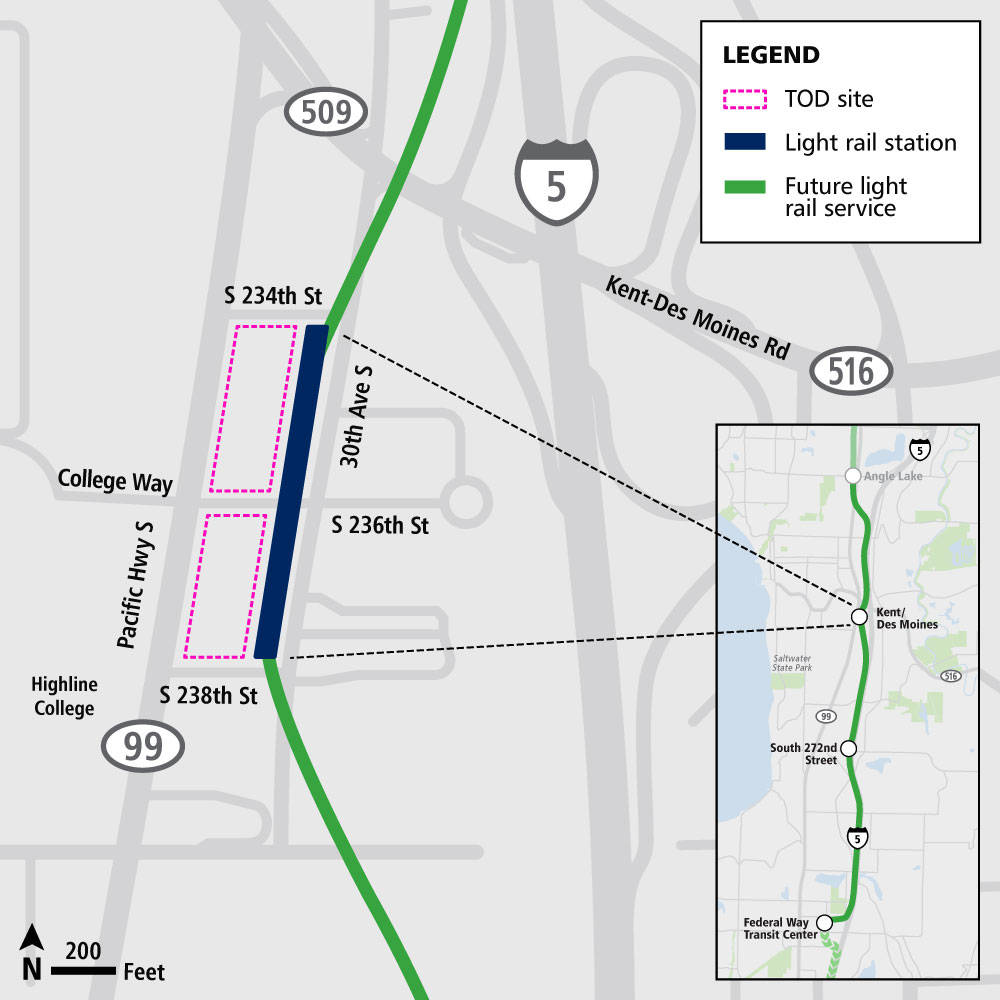 Properties (outlined in pink) that will be available for transit-oriented development after Sound Transit completes construction of light rail in 2024. COURTESY GRAPHIC, Sound Transit