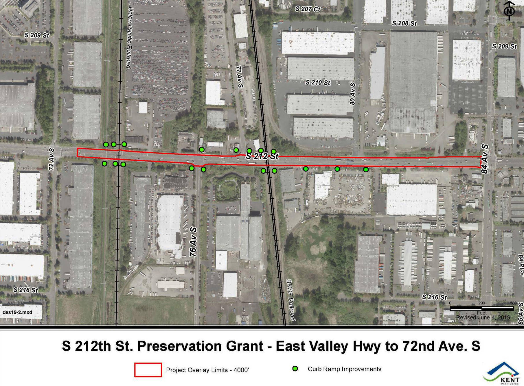 A map shows where will paving will be done along South 212th Street between 72nd Avenue South and 84th Avenue South in Kent. COURTESY IMAGE, City of Kent