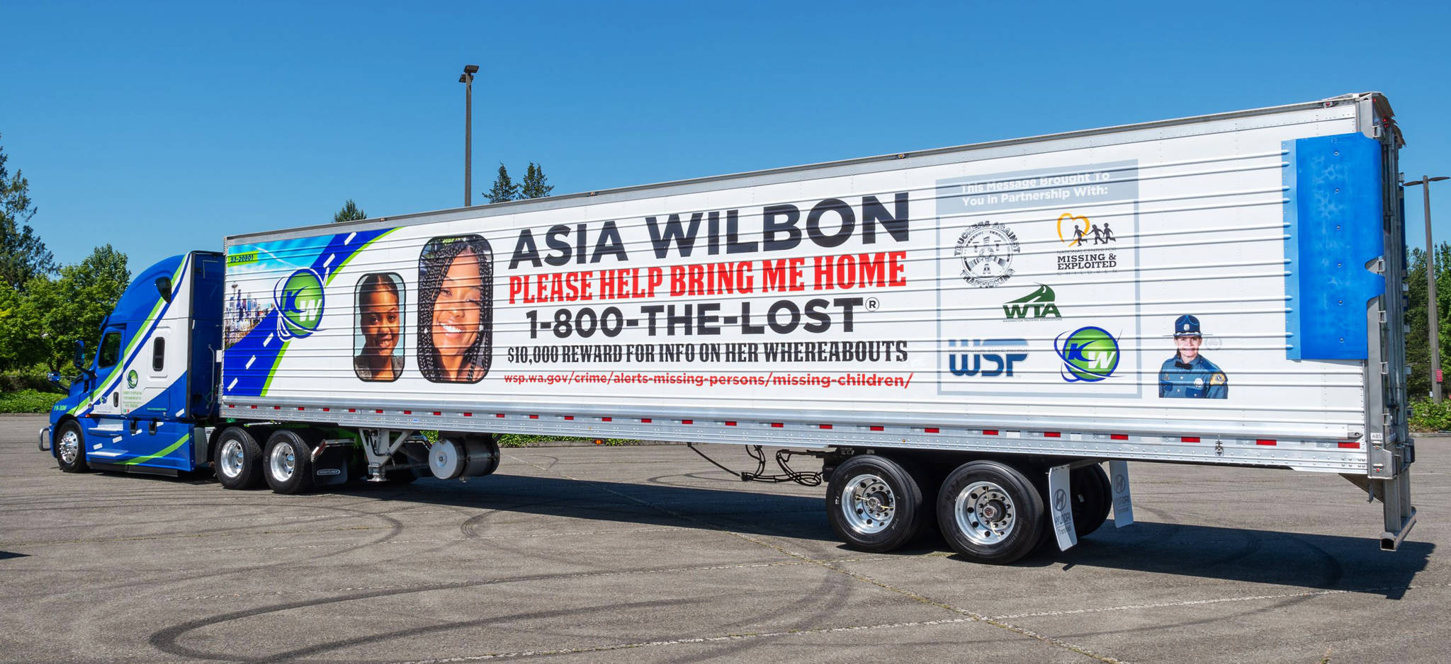 Missing Kent girl Asia Wilbon is featured on Kam-Way Transportation semi trailers in an effort to help find her. She’s been missing since Feb. 13, 2020. COURTESY PHOTO, Washington State Patrol