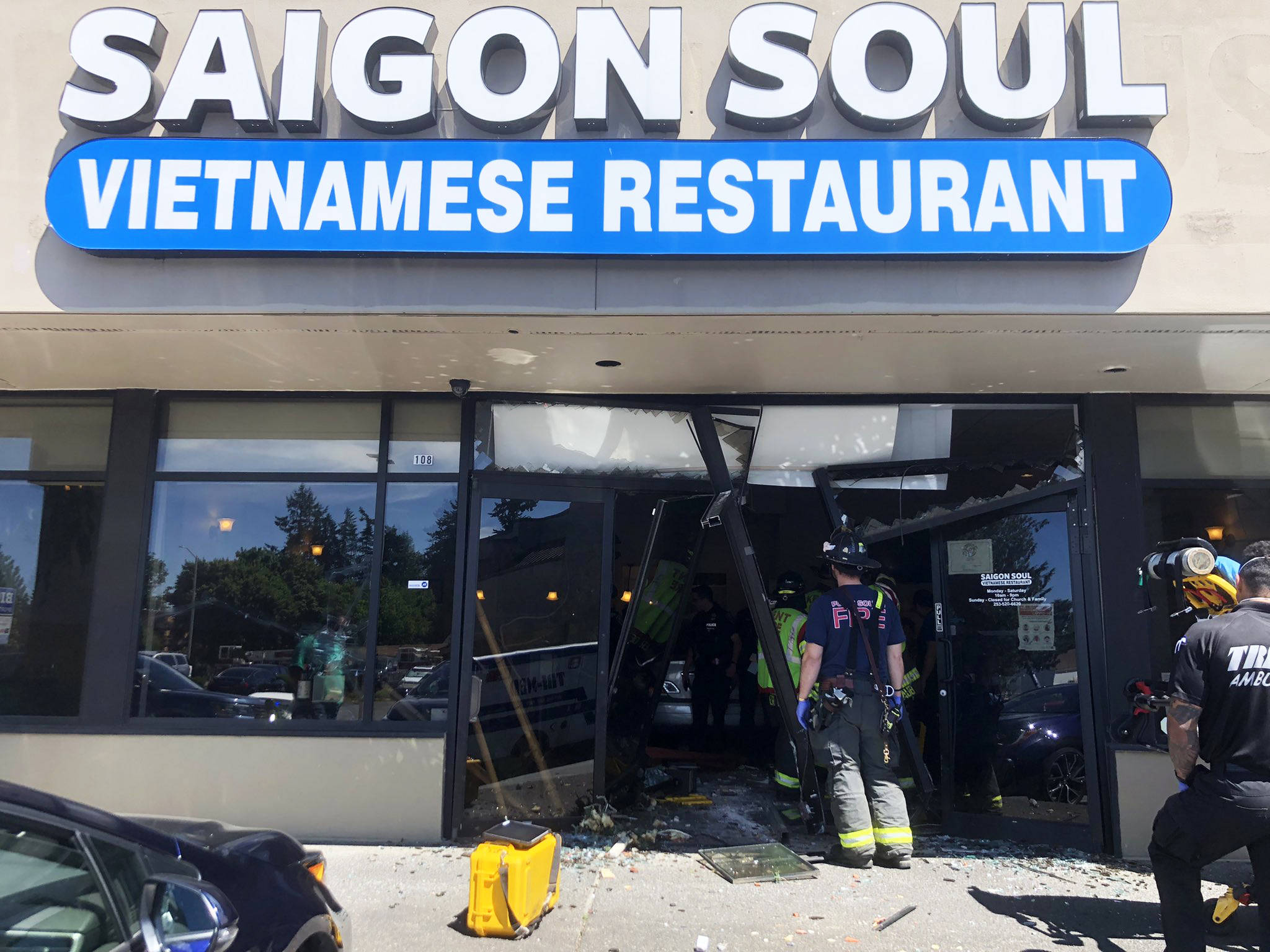 A vehicle crashed into the Saigon Soul Vietnamese Restaurant on Wednesday afternoon, June 23 on Kent’s East Hill. COURTESY PHOTO, Puget Sound Fire