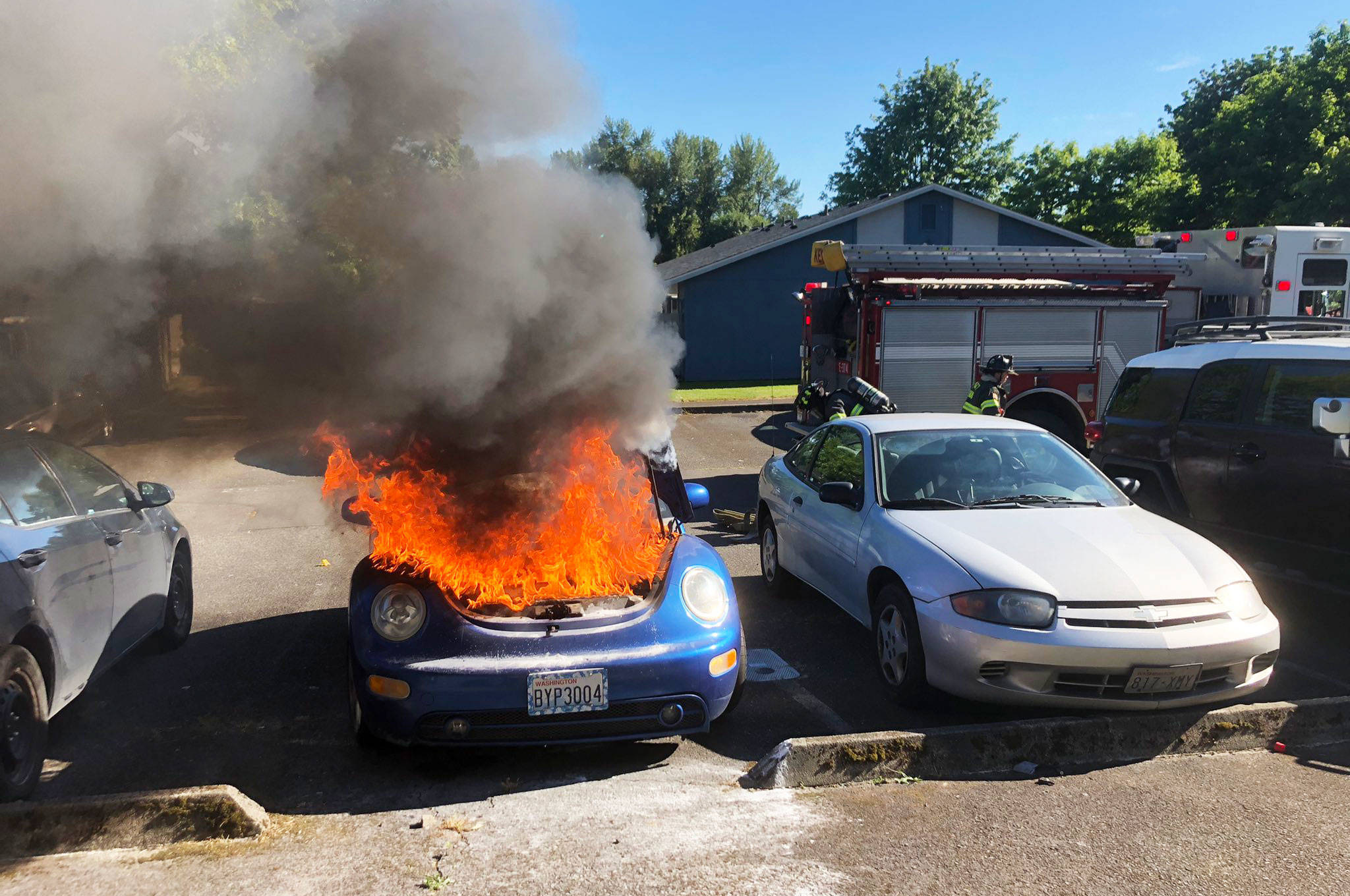 Fire burns a Volkswagen Beetle on Wednesday, June 23 in the 11000 block of SE 220th St., in Kent. Firefighters extinguished the fire before it spread to any other vehicles. COURTESY PHOTO, Puget Sound Fire