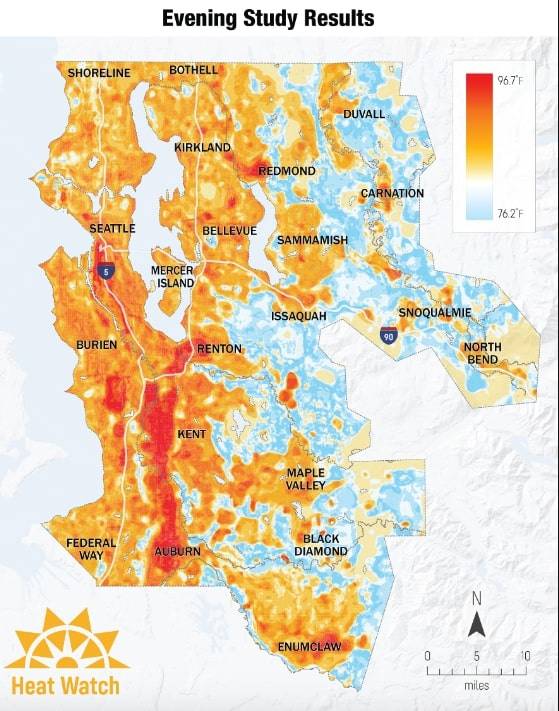 This image shows the evening results of the heat mapping project on July 27, 2020. Areas in dark red retained the most heat. Photo courtesy of King County.