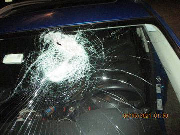 Damage to a vehicle struck by a rock along Interstate 5 southbound near South 272nd Street on the Kent/Federal Way border. COURTESY PHOTO, Washington State Patrol