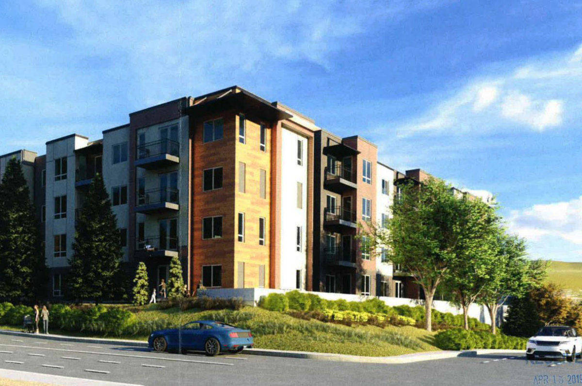 A rendering of the Alexan Gateway Apartments along Military Road South on Kent’s West Hill. Work has stopped on the project after the construction company declared bankruptcy. COURTESY IMAGE, City of Kent