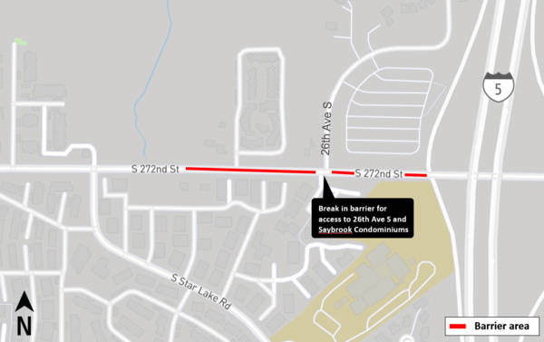 A map shows where South 272nd Street will be narrowed to one lane in each direction during utility work for light rail construction from about Aug. 6 to early September. COURTESY GRAPHIC, Sound Transit