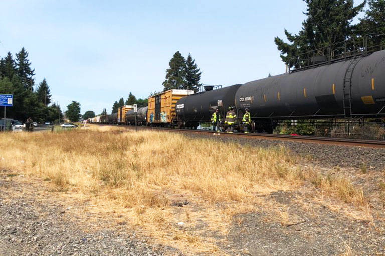 A BNSF Railway train stops in Kent after a collision Aug. 5 that killed a pedestrian near the 25900 block of First Avenue South. COURTESY PHOTO, Puget Sound Fire