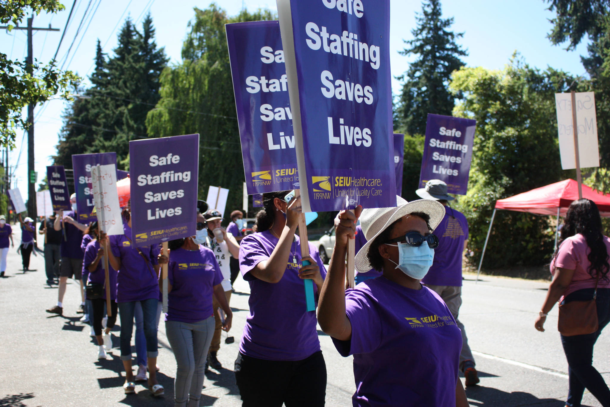 SEIU Healthcare 1199NW union workers hold a safety strike Aug. 11 after a violent patient left 11 employees injured Photo by Cameron Sheppard/Sound Publishing
SEIU Healthcare 1199NW union workers hold a safety strike Aug. 11 after a violent patient left 11 employees injured Photo by Cameron Sheppard/Sound Publishing